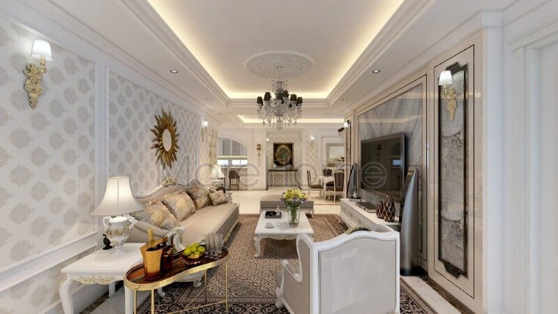 Trong mẫu thiết kế đẳng cấp này, kiến trúc sư đã chọn sử dụng chất liệu đá ốp tường tự nhiên để tạo nên không gian phòng khách độc đáo và ấn tượng hơn so với những bức tường thô của nhiều mẫu thiết kế khác.